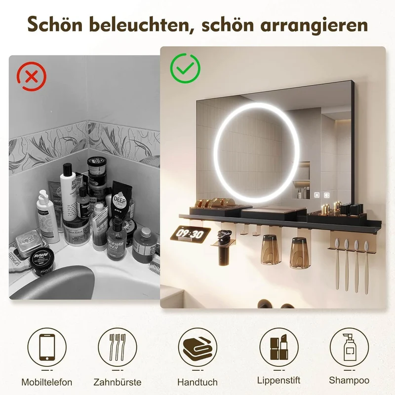 SONNI Badezimmerspiegel mit Beleuchtung 120x60 cm, LED Badspiegel mit Ablage, 3 einstellbare Lichtfarbe + Anti-Beschlag + Touchschalter, Ablage mit Handyhalter + Haken + Zahnbürstenhalte