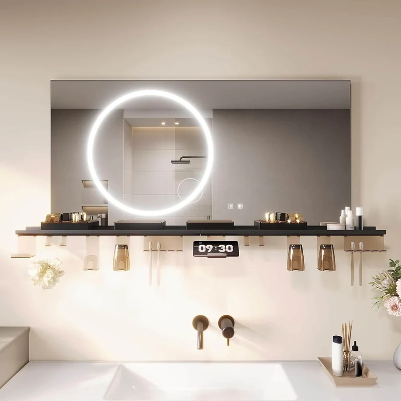 SONNI Badezimmerspiegel mit Beleuchtung 120x60 cm, LED Badspiegel mit Ablage, 3 einstellbare Lichtfarbe + Anti-Beschlag + Touchschalter, Ablage mit Handyhalter + Haken + Zahnbürstenhalte