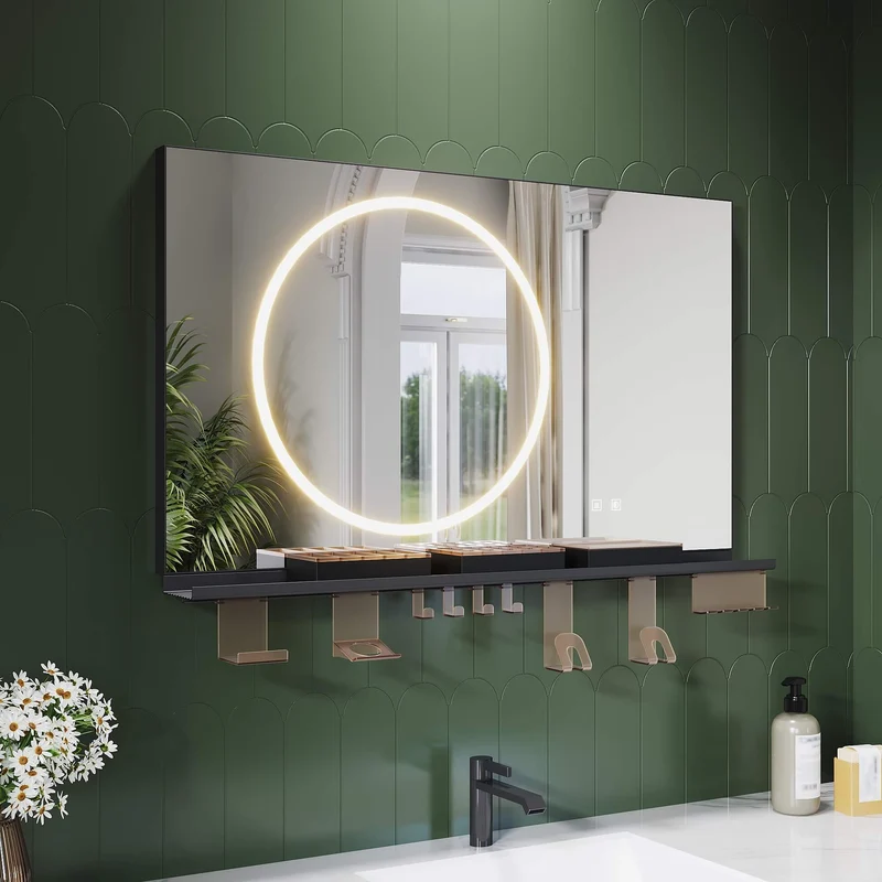 SONNI Badezimmerspiegel mit Beleuchtung 100x60 cm, LED Badspiegel mit Ablage, 3 einstellbare Lichtfarbe + Anti-Beschlag + Touchschalter, Ablage mit Handyhalter + Haken + Zahnbürstenhalter