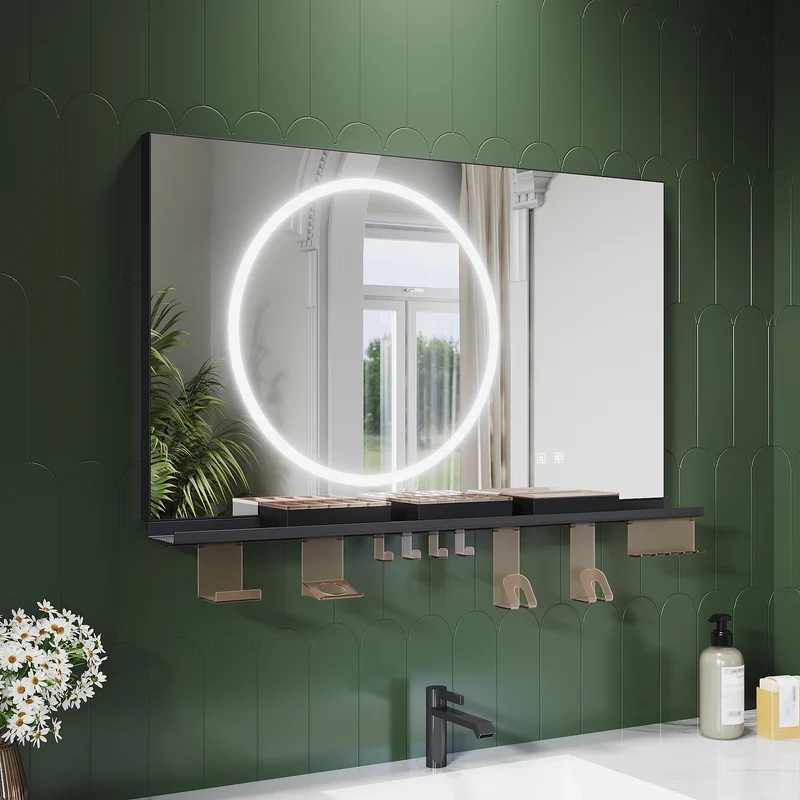 SONNI Badezimmerspiegel mit Beleuchtung 100x60 cm, LED Badspiegel mit Ablage, 3 einstellbare Lichtfarbe + Anti-Beschlag + Touchschalter, Ablage mit Handyhalter + Haken + Zahnbürstenhalter