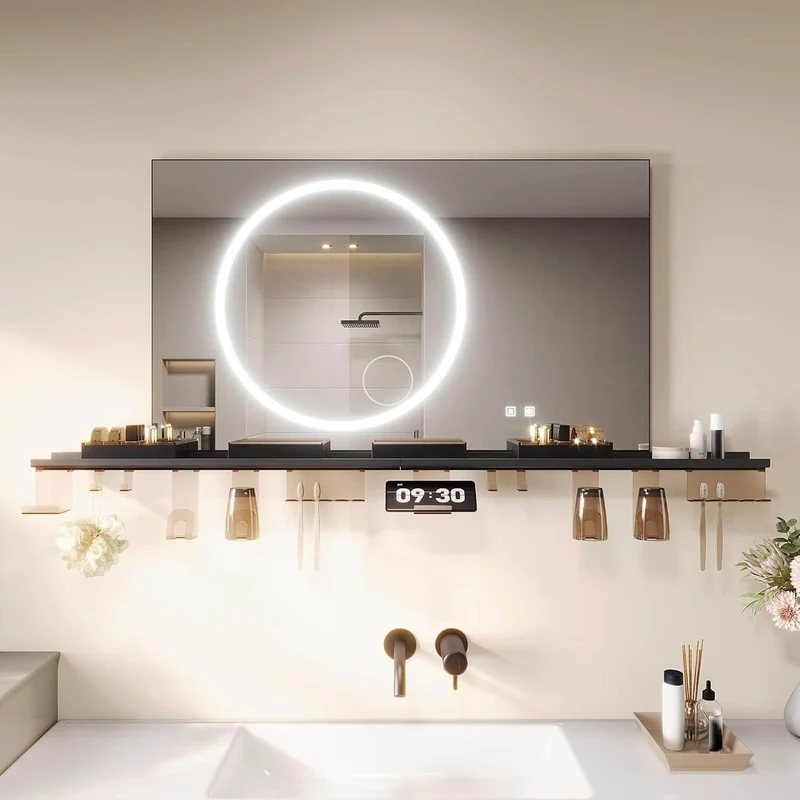 SONNI Badezimmerspiegel mit Beleuchtung 100x60 cm, LED Badspiegel mit Ablage, 3 einstellbare Lichtfarbe + Anti-Beschlag + Touchschalter, Ablage mit Handyhalter + Haken + Zahnbürstenhalter