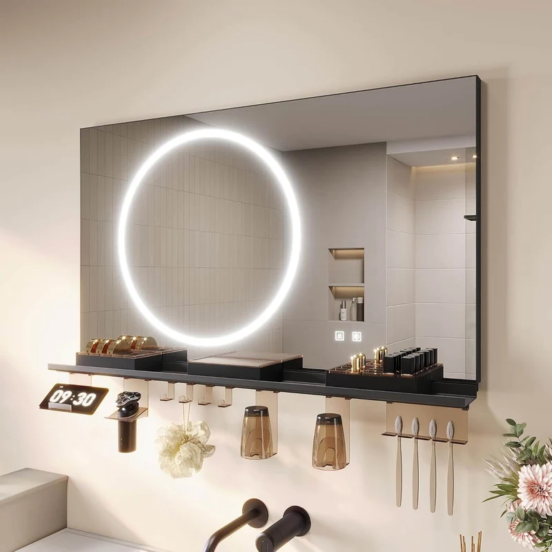 SONNI Badezimmerspiegel mit Beleuchtung 100x60 cm, LED Badspiegel mit Ablage, 3 einstellbare Lichtfarbe + Anti-Beschlag + Touchschalter, Ablage mit Handyhalter + Haken + Zahnbürstenhalter