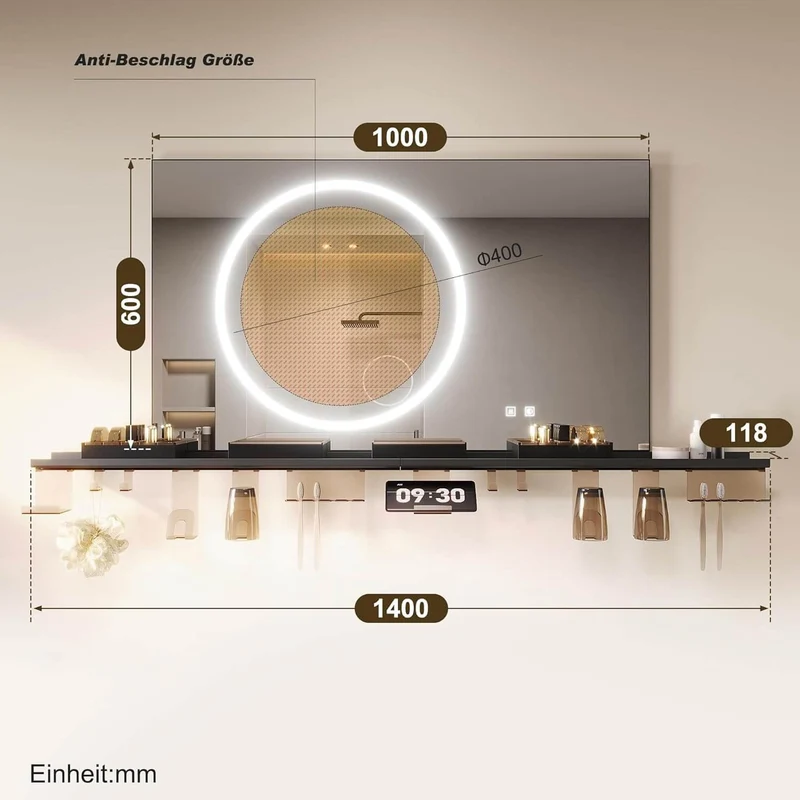 SONNI Badezimmerspiegel mit Beleuchtung 100x60 cm, LED Badspiegel mit Ablage, 3 einstellbare Lichtfarbe + Anti-Beschlag + Touchschalter, Ablage mit Handyhalter + Haken + Zahnbürstenhalter
