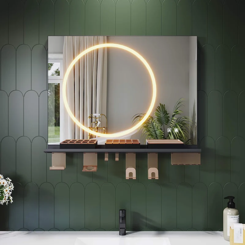 SONNI Badezimmerspiegel mit Beleuchtung 80x60 cm, LED Badspiegel mit Ablage , 3 einstellbare Lichtfarbe + Anti-Beschlag + Touchschalter, Ablage mit Handyhalter + Haken + Zahnbürstenhalter