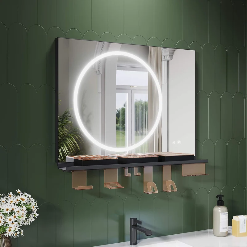 SONNI Badezimmerspiegel mit Beleuchtung 80x60 cm, LED Badspiegel mit Ablage , 3 einstellbare Lichtfarbe + Anti-Beschlag + Touchschalter, Ablage mit Handyhalter + Haken + Zahnbürstenhalter