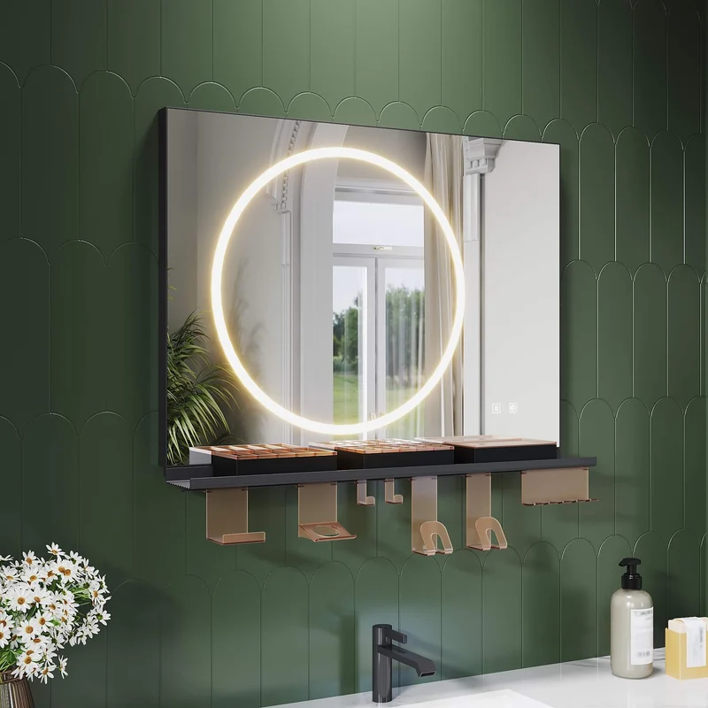 SONNI Badezimmerspiegel mit Beleuchtung 80x60 cm, LED Badspiegel mit Ablage , 3 einstellbare Lichtfarbe + Anti-Beschlag + Touchschalter, Ablage mit Handyhalter + Haken + Zahnbürstenhalter