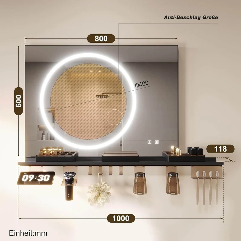 SONNI Badezimmerspiegel mit Beleuchtung 80x60 cm, LED Badspiegel mit Ablage , 3 einstellbare Lichtfarbe + Anti-Beschlag + Touchschalter, Ablage mit Handyhalter + Haken + Zahnbürstenhalter