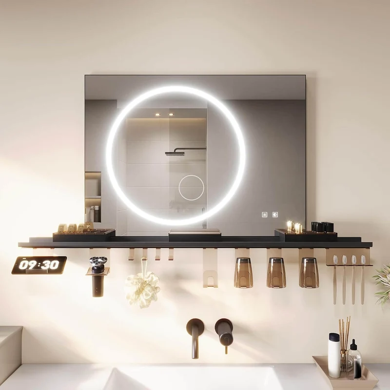 SONNI Badezimmerspiegel mit Beleuchtung 80x60 cm, LED Badspiegel mit Ablage , 3 einstellbare Lichtfarbe + Anti-Beschlag + Touchschalter, Ablage mit Handyhalter + Haken + Zahnbürstenhalter