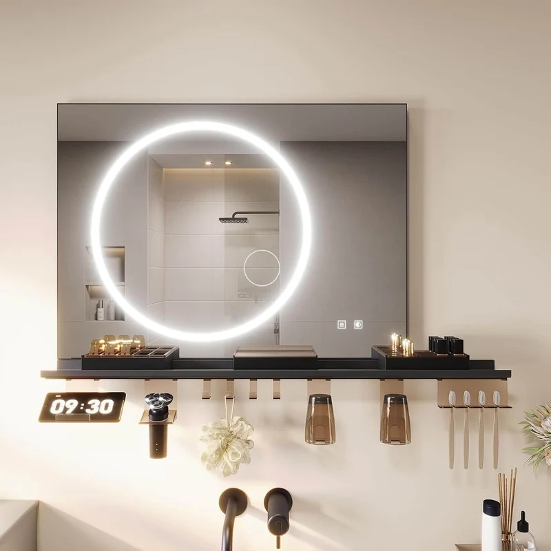 SONNI Badezimmerspiegel mit Beleuchtung 80x60 cm, LED Badspiegel mit Ablage , 3 einstellbare Lichtfarbe + Anti-Beschlag + Touchschalter, Ablage mit Handyhalter + Haken + Zahnbürstenhalter