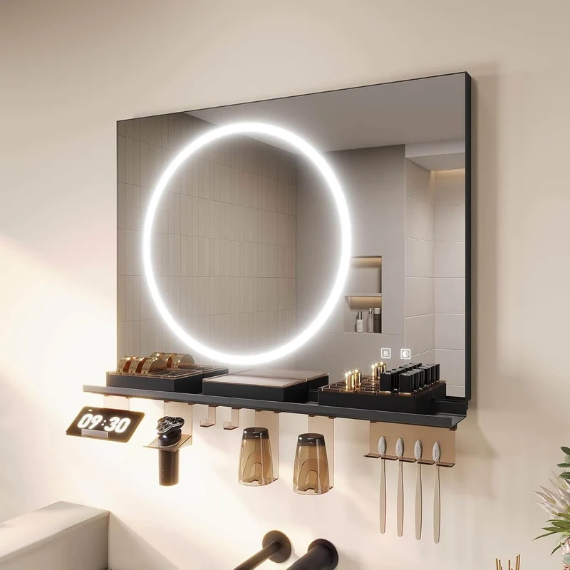 SONNI Badezimmerspiegel mit Beleuchtung 80x60 cm, LED Badspiegel mit Ablage , 3 einstellbare Lichtfarbe + Anti-Beschlag + Touchschalter, Ablage mit Handyhalter + Haken + Zahnbürstenhalter