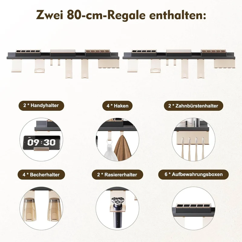 SONNI Badezimmerspiegel mit Beleuchtung 80x60 cm, LED Badspiegel mit Ablage , 3 einstellbare Lichtfarbe + Anti-Beschlag + Touchschalter, Ablage mit Handyhalter + Haken + Zahnbürstenhalter