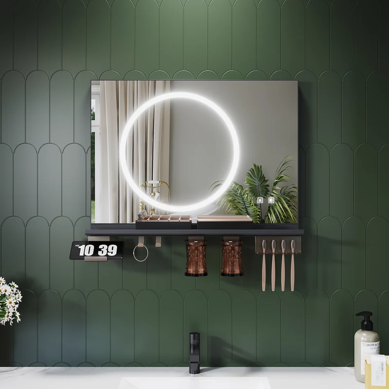 SONNI Badezimmerspiegel mit Beleuchtung 70x50 cm, LED Badspiegel mit Ablage, 3 einstellbare Lichtfarbe + Anti-Beschlag + Touchschalter, Ablage mit Handyhalter + Haken + Zahnbürstenhalter