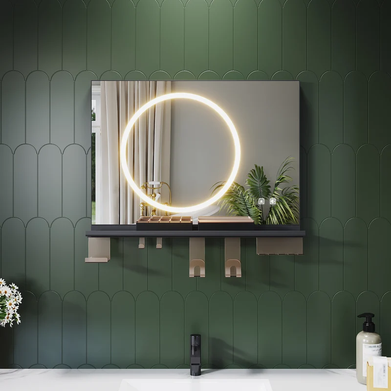 SONNI Badezimmerspiegel mit Beleuchtung 70x50 cm, LED Badspiegel mit Ablage, 3 einstellbare Lichtfarbe + Anti-Beschlag + Touchschalter, Ablage mit Handyhalter + Haken + Zahnbürstenhalter