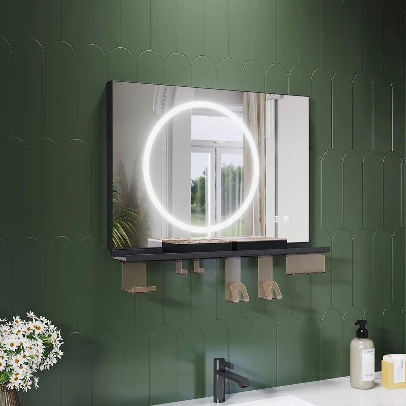 SONNI Badezimmerspiegel mit Beleuchtung 70x50 cm, LED Badspiegel mit Ablage, 3 einstellbare Lichtfarbe + Anti-Beschlag + Touchschalter, Ablage mit Handyhalter + Haken + Zahnbürstenhalter