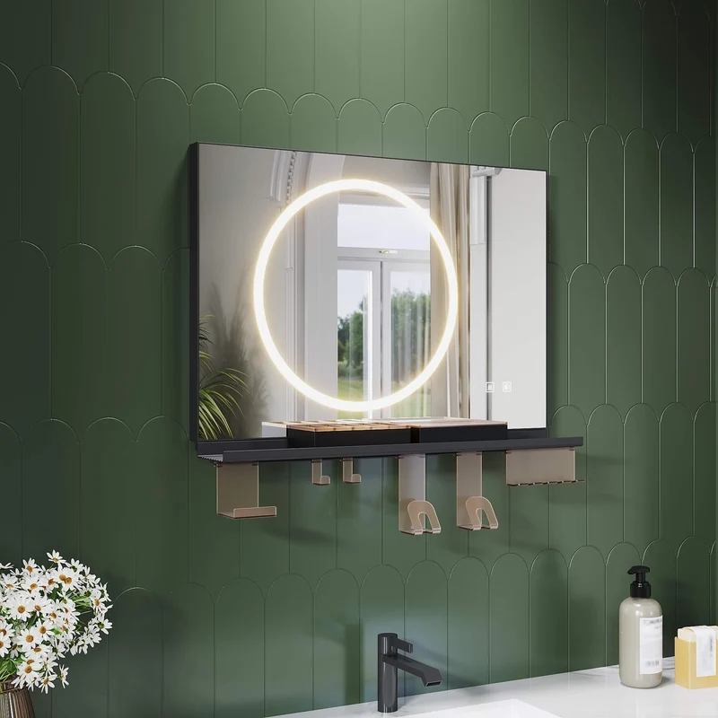 SONNI Badezimmerspiegel mit Beleuchtung 70x50 cm, LED Badspiegel mit Ablage, 3 einstellbare Lichtfarbe + Anti-Beschlag + Touchschalter, Ablage mit Handyhalter + Haken + Zahnbürstenhalter