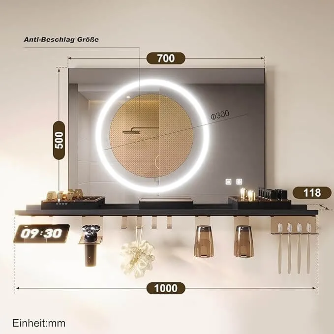 SONNI Badezimmerspiegel mit Beleuchtung 70x50 cm, LED Badspiegel mit Ablage, 3 einstellbare Lichtfarbe + Anti-Beschlag + Touchschalter, Ablage mit Handyhalter + Haken + Zahnbürstenhalter