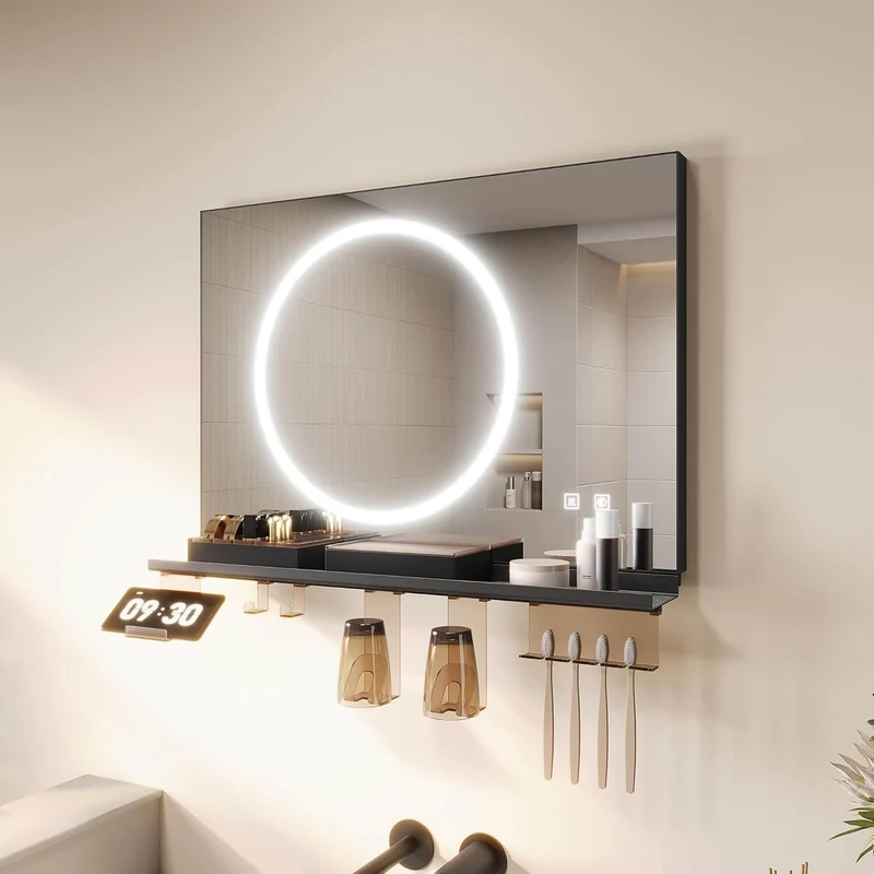 SONNI Badezimmerspiegel mit Beleuchtung 70x50 cm, LED Badspiegel mit Ablage, 3 einstellbare Lichtfarbe + Anti-Beschlag + Touchschalter, Ablage mit Handyhalter + Haken + Zahnbürstenhalter