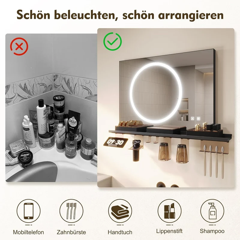 SONNI Badezimmerspiegel mit Beleuchtung 70x50 cm, LED Badspiegel mit Ablage, 3 einstellbare Lichtfarbe + Anti-Beschlag + Touchschalter, Ablage mit Handyhalter + Haken + Zahnbürstenhalter