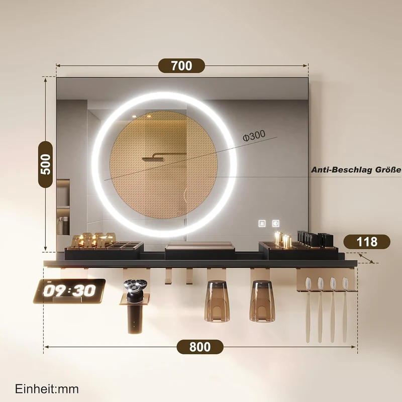 SONNI Badezimmerspiegel mit Beleuchtung 70x50 cm, LED Badspiegel mit Ablage, 3 einstellbare Lichtfarbe + Anti-Beschlag + Touchschalter, Ablage mit Handyhalter + Haken + Zahnbürstenhalter