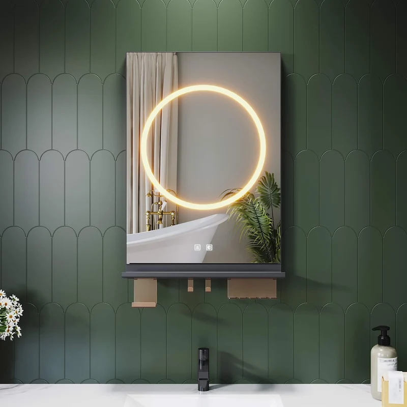 SONNI Badezimmerspiegel mit Beleuchtung 50x70 cm, LED Badspiegel mit Ablage, 3 einstellbare Lichtfarbe + Anti-Beschlag + Touchschalter, Ablage mit Handyhalter + Haken + Zahnbürstenhalter