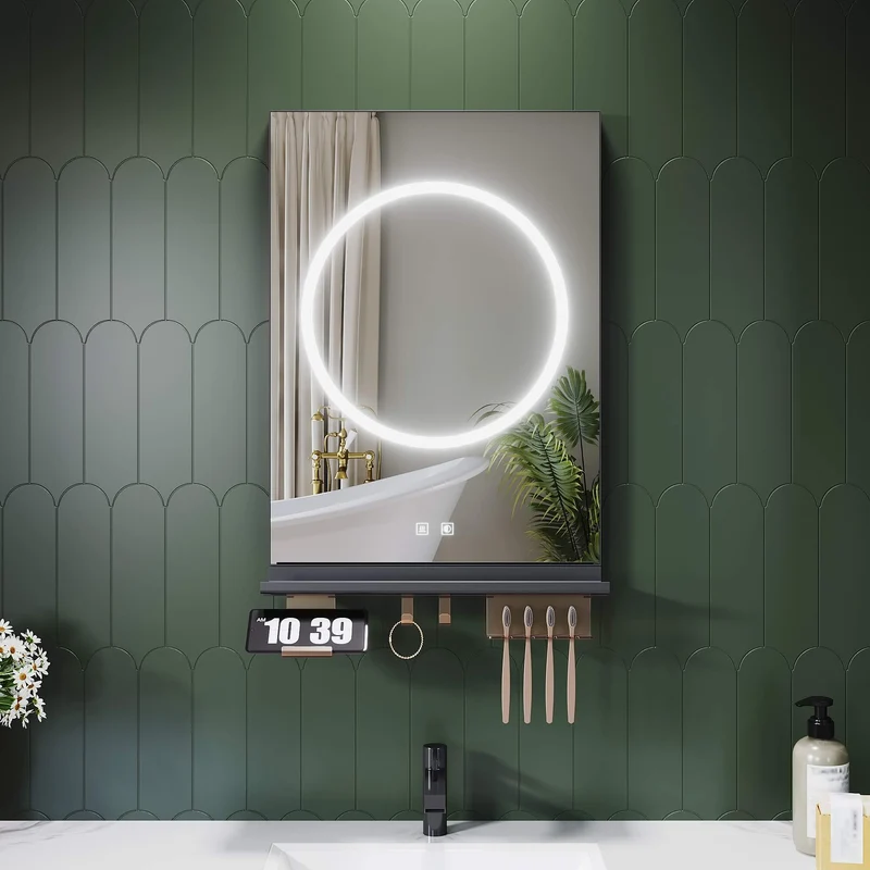 SONNI Badezimmerspiegel mit Beleuchtung 50x70 cm, LED Badspiegel mit Ablage, 3 einstellbare Lichtfarbe + Anti-Beschlag + Touchschalter, Ablage mit Handyhalter + Haken + Zahnbürstenhalter