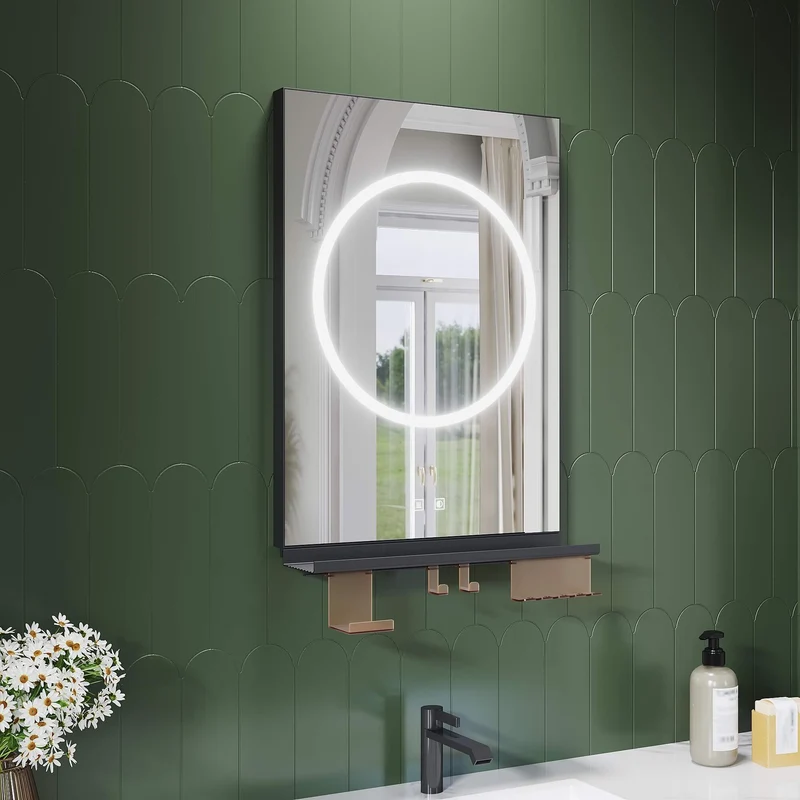 SONNI Badezimmerspiegel mit Beleuchtung 50x70 cm, LED Badspiegel mit Ablage, 3 einstellbare Lichtfarbe + Anti-Beschlag + Touchschalter, Ablage mit Handyhalter + Haken + Zahnbürstenhalter