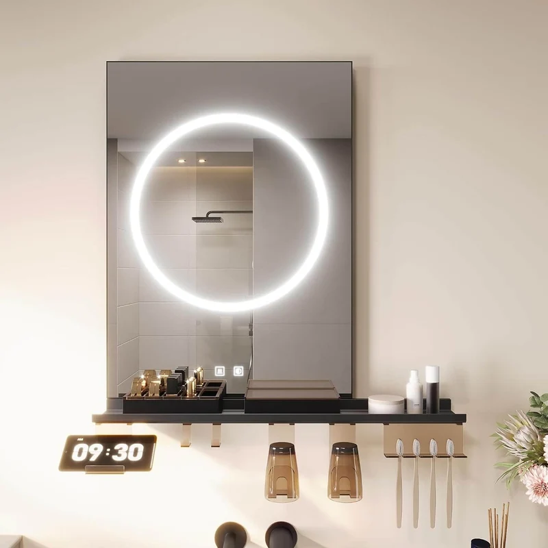 SONNI Badezimmerspiegel mit Beleuchtung 50x70 cm, LED Badspiegel mit Ablage, 3 einstellbare Lichtfarbe + Anti-Beschlag + Touchschalter, Ablage mit Handyhalter + Haken + Zahnbürstenhalter