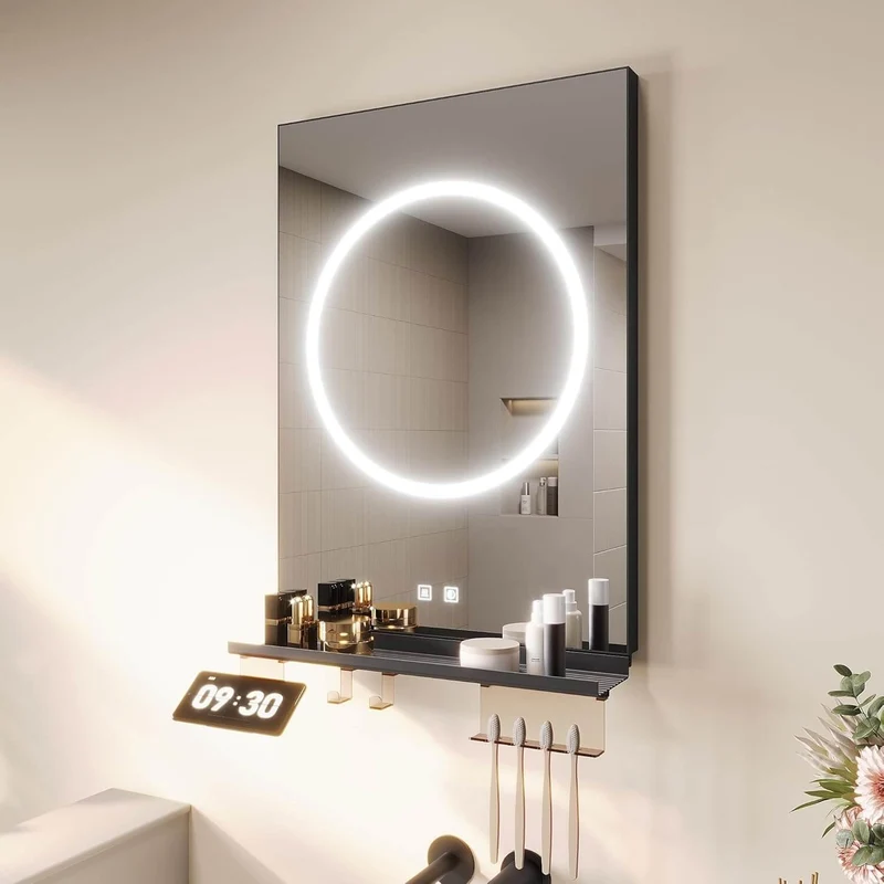 SONNI Badezimmerspiegel mit Beleuchtung 50x70 cm, LED Badspiegel mit Ablage, 3 einstellbare Lichtfarbe + Anti-Beschlag + Touchschalter, Ablage mit Handyhalter + Haken + Zahnbürstenhalter