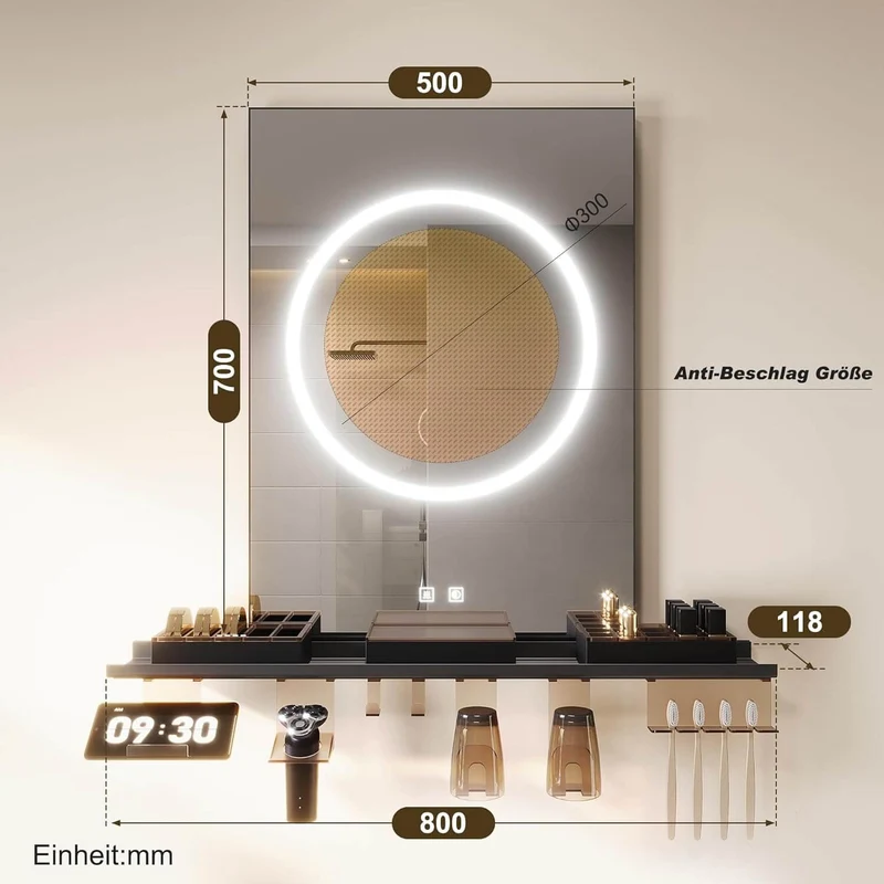 SONNI Badezimmerspiegel mit Beleuchtung 50x70 cm, LED Badspiegel mit Ablage, 3 einstellbare Lichtfarbe + Anti-Beschlag + Touchschalter, Ablage mit Handyhalter + Haken + Zahnbürstenhalter