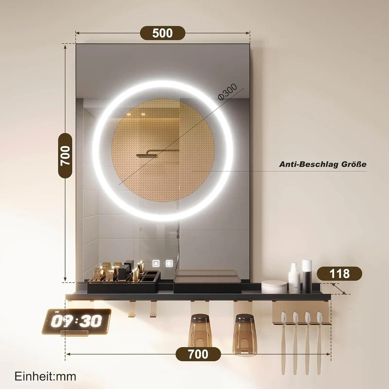 SONNI Badezimmerspiegel mit Beleuchtung 50x70 cm, LED Badspiegel mit Ablage, 3 einstellbare Lichtfarbe + Anti-Beschlag + Touchschalter, Ablage mit Handyhalter + Haken + Zahnbürstenhalter