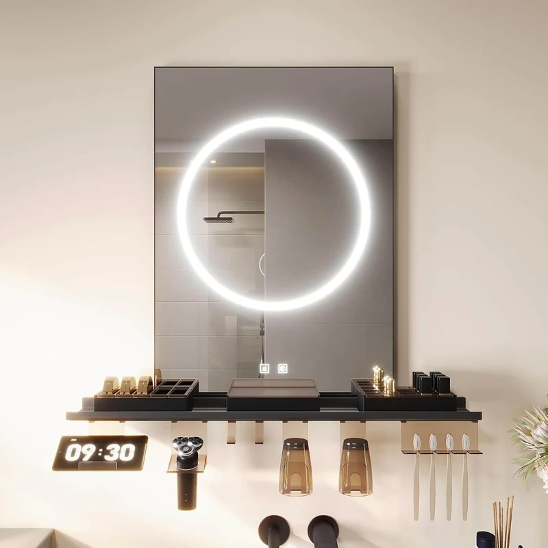 SONNI Badezimmerspiegel mit Beleuchtung 50x70 cm, LED Badspiegel mit Ablage, 3 einstellbare Lichtfarbe + Anti-Beschlag + Touchschalter, Ablage mit Handyhalter + Haken + Zahnbürstenhalter