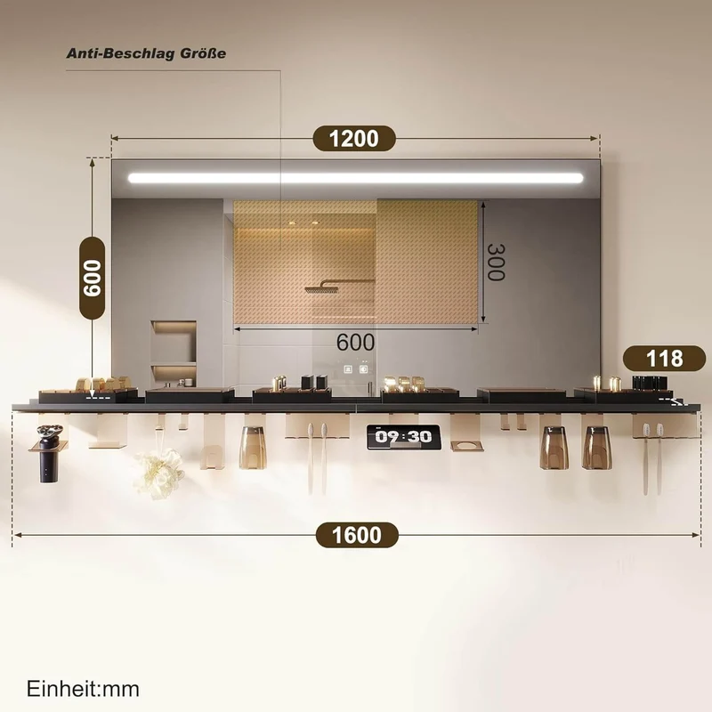 SONNI Badezimmerspiegel mit Beleuchtung 120x60 cm, LED Badspiegel mit Ablage, 3 einstellbare Lichtfarbe, Anti-Beschlag Wandspiegel mit Touchschalter