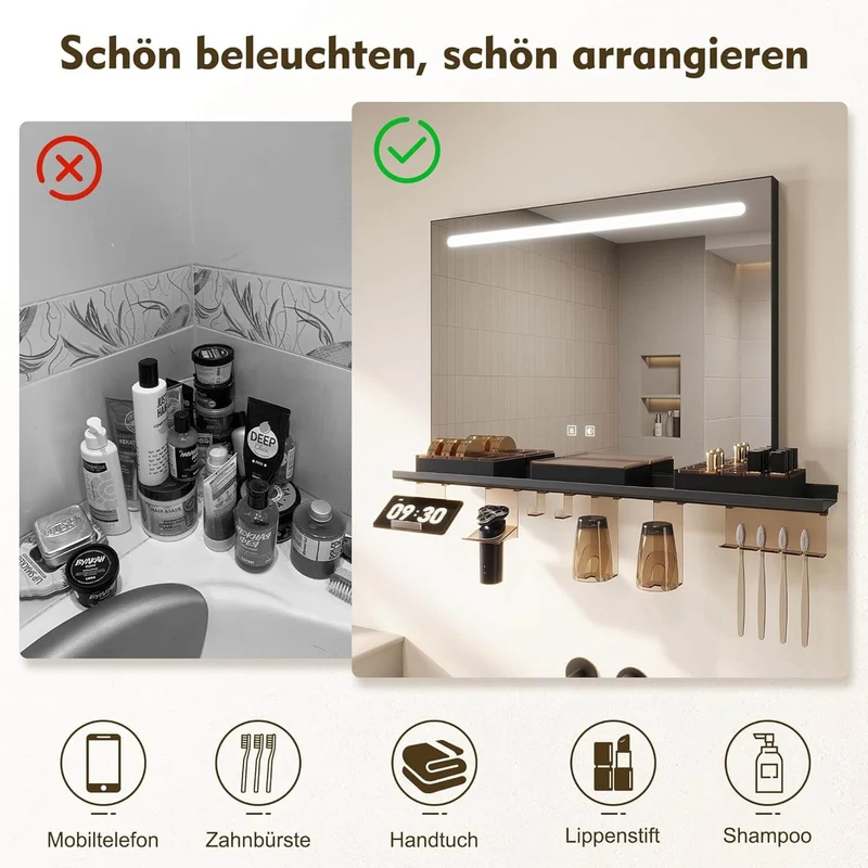 SONNI Badezimmerspiegel mit Beleuchtung 100x60 cm, LED Badspiegel mit Ablage, 3 einstellbare Lichtfarbe, Anti-Beschlag Wandspiegel mit Touchschalter