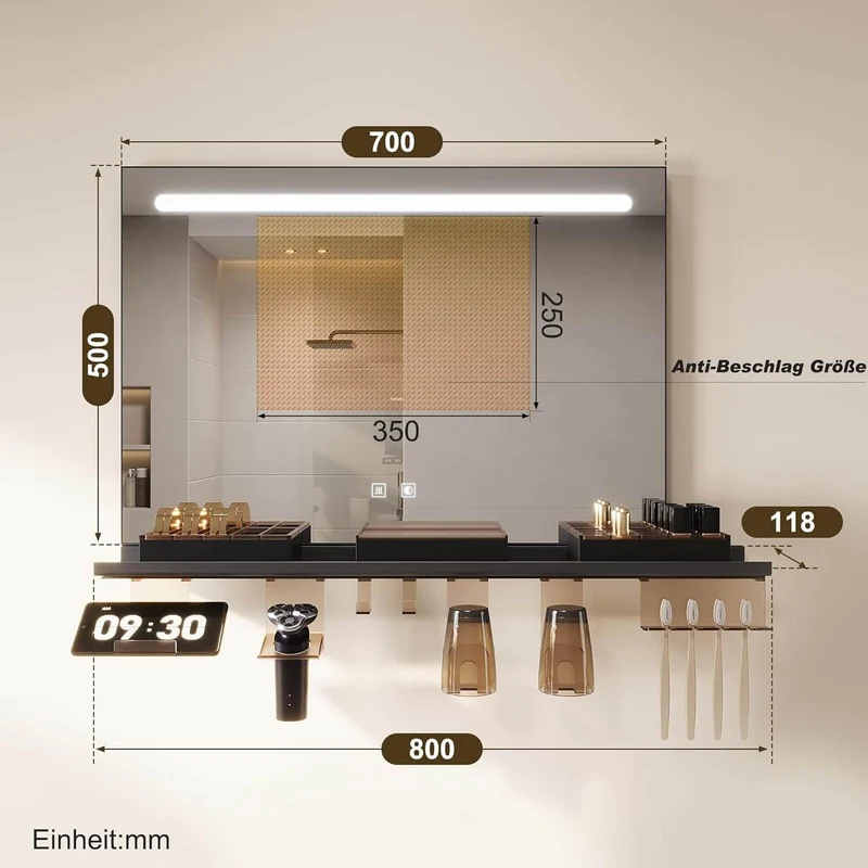 SONNI Badezimmerspiegel mit Beleuchtung 70x50 cm, LED Badspiegel mit Ablage, 3 einstellbare Lichtfarbe, Anti-Beschlag Wandspiegel mit Touchschalter