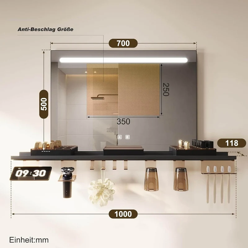SONNI Badezimmerspiegel mit Beleuchtung 70x50 cm, LED Badspiegel mit Ablage, 3 einstellbare Lichtfarbe, Anti-Beschlag Wandspiegel mit Touchschalter