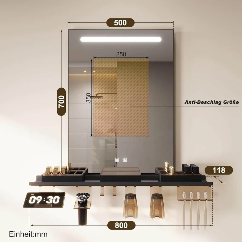 SONNI Badezimmerspiegel mit Beleuchtung 50x70 cm, LED Badspiegel mit Ablag, 3 einstellbare Lichtfarbe, Anti-Beschlag Wandspiegel mit Touchschalter