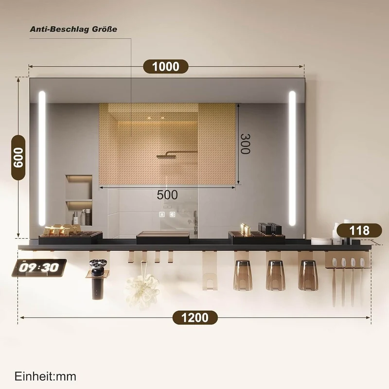 SONNI Badezimmerspiegel mit Beleuchtung 100x60 cm, LED Badspiegel mit Ablage, 3 einstellbare Lichtfarbe, Anti-Beschlag Wandspiegel mit Touchschalter