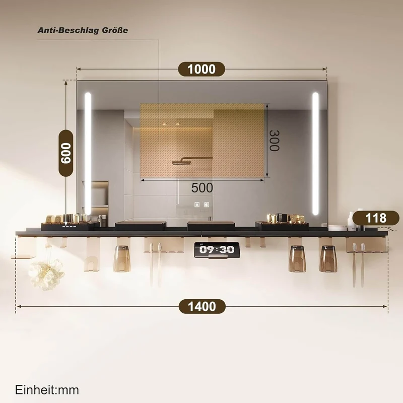 SONNI Badezimmerspiegel mit Beleuchtung 100x60 cm, LED Badspiegel mit Ablage, 3 einstellbare Lichtfarbe, Anti-Beschlag Wandspiegel mit Touchschalter
