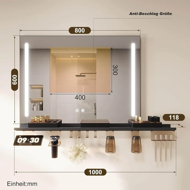 SONNI Badezimmerspiegel mit Beleuchtung 80x60 cm, LED Badspiegel mit Ablage, 3 einstellbare Lichtfarbe, Anti-Beschlag Wandspiegel mit Touchschalter