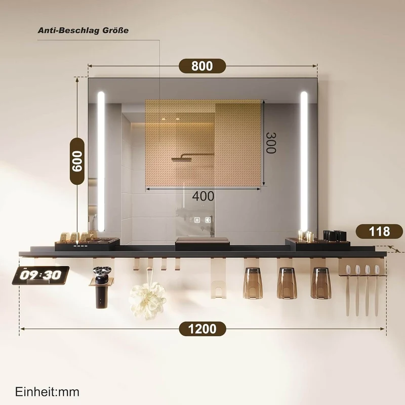 SONNI Badezimmerspiegel mit Beleuchtung 80x60 cm, LED Badspiegel mit Ablage, 3 einstellbare Lichtfarbe, Anti-Beschlag Wandspiegel mit Touchschalter