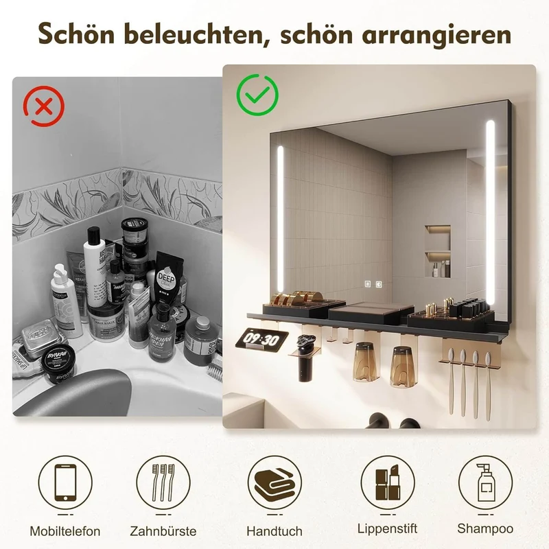 SONNI Badezimmerspiegel mit Beleuchtung 80x60 cm, LED Badspiegel mit Ablage, 3 einstellbare Lichtfarbe, Anti-Beschlag Wandspiegel mit Touchschalter
