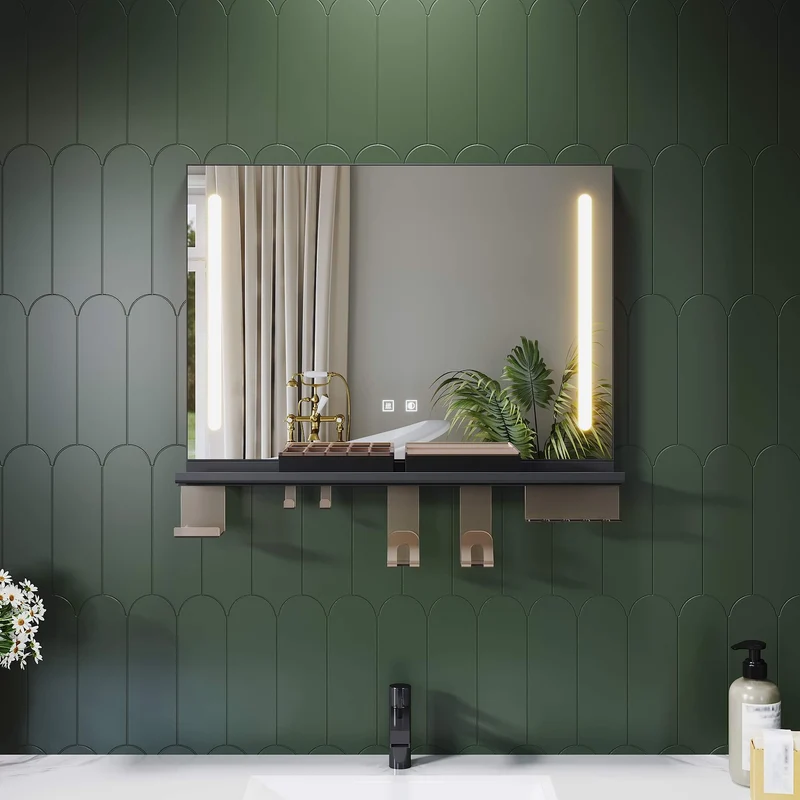 SONNI LED Badspiegel 70x50cm mit Ablage, Touch Badezimmerspiegel 3 Lichtfarben, Anti-Beschlag & Gedächtnisfunktion, Ablage mit Handyhalter + Haken + Zahnbürstenhalter