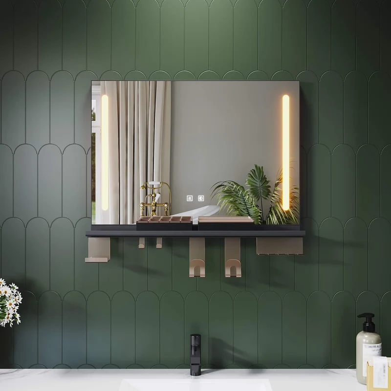 SONNI LED Badspiegel 70x50cm mit Ablage, Touch Badezimmerspiegel 3 Lichtfarben, Anti-Beschlag & Gedächtnisfunktion, Ablage mit Handyhalter + Haken + Zahnbürstenhalter