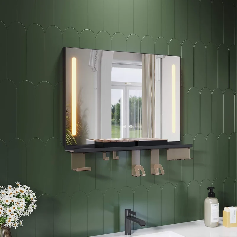 SONNI LED Badspiegel 70x50cm mit Ablage, Touch Badezimmerspiegel 3 Lichtfarben, Anti-Beschlag & Gedächtnisfunktion, Ablage mit Handyhalter + Haken + Zahnbürstenhalter