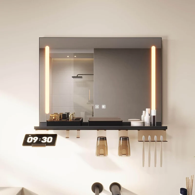 SONNI LED Badspiegel 70x50cm mit Ablage, Touch Badezimmerspiegel 3 Lichtfarben, Anti-Beschlag & Gedächtnisfunktion, Ablage mit Handyhalter + Haken + Zahnbürstenhalter