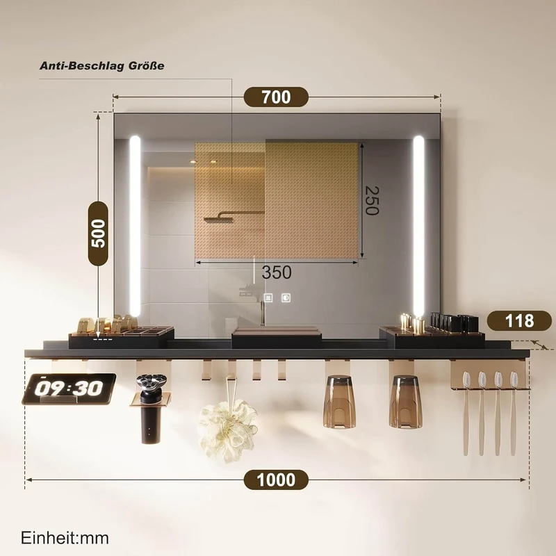 SONNI LED Badspiegel 70x50cm mit Ablage, Touch Badezimmerspiegel 3 Lichtfarben, Anti-Beschlag & Gedächtnisfunktion, Ablage mit Handyhalter + Haken + Zahnbürstenhalter