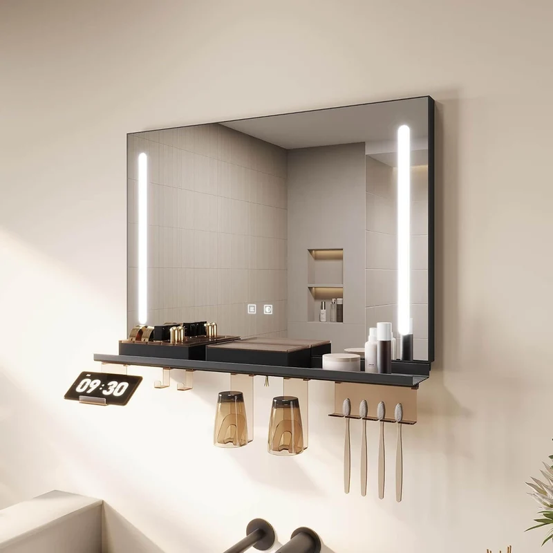 SONNI LED Badspiegel 70x50cm mit Ablage, Touch Badezimmerspiegel 3 Lichtfarben, Anti-Beschlag & Gedächtnisfunktion, Ablage mit Handyhalter + Haken + Zahnbürstenhalter