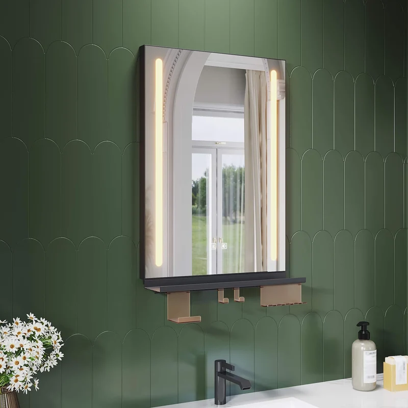 SONNI LED Badspiegel 50x70cm mit Ablage, Touch Badezimmerspiegel 3 Lichtfarben, Anti-Beschlag & Gedächtnisfunktion, Ablage mit Handyhalter + Haken + Zahnbürstenhalter + Becherhalter