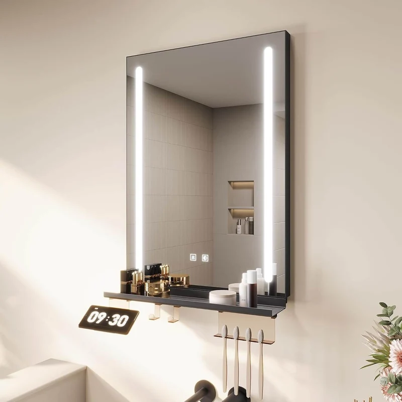 SONNI LED Badspiegel 50x70cm mit Ablage, Touch Badezimmerspiegel 3 Lichtfarben, Anti-Beschlag & Gedächtnisfunktion, Ablage mit Handyhalter + Haken + Zahnbürstenhalter + Becherhalter