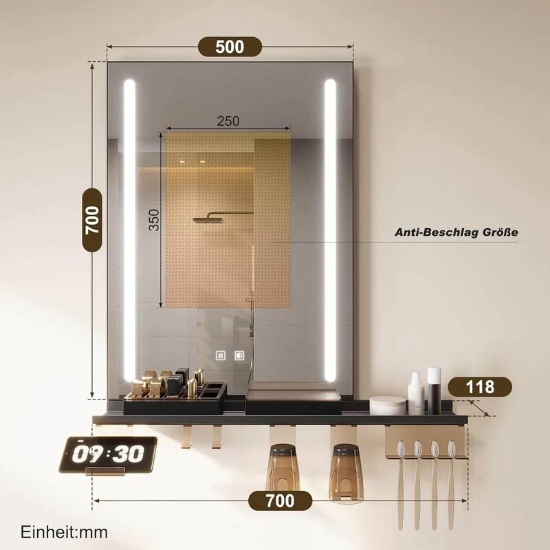 SONNI LED Badspiegel 50x70cm mit Ablage, Touch Badezimmerspiegel 3 Lichtfarben, Anti-Beschlag & Gedächtnisfunktion, Ablage mit Handyhalter + Haken + Zahnbürstenhalter + Becherhalter